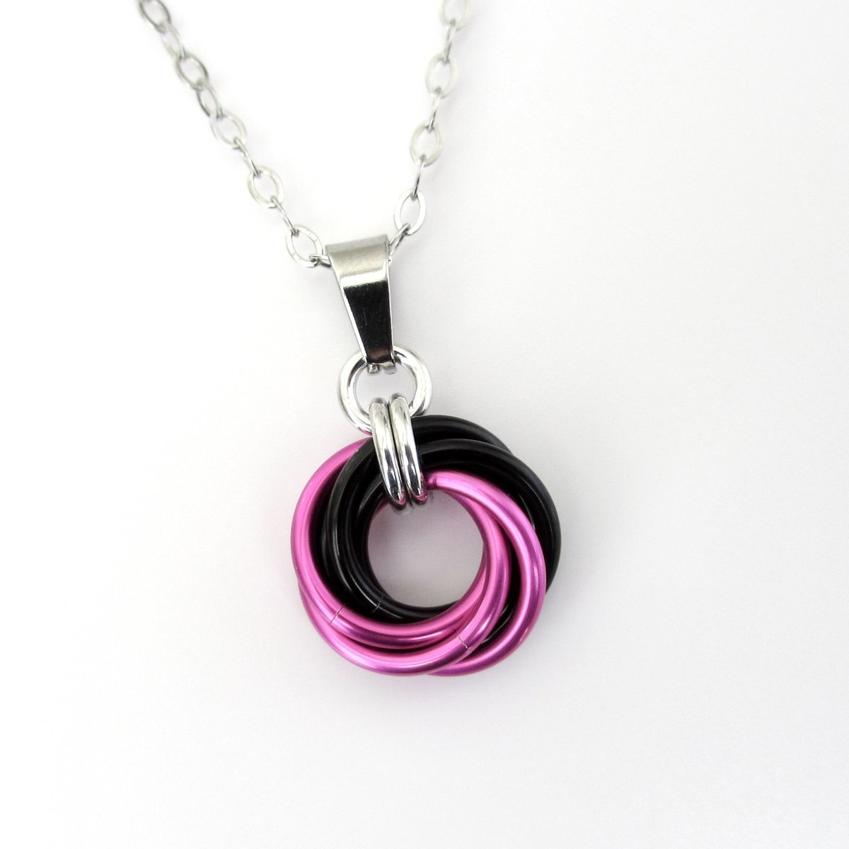 Hot pink and black pendant chainmail love knot necklace small swirled circle minimalist jewelry